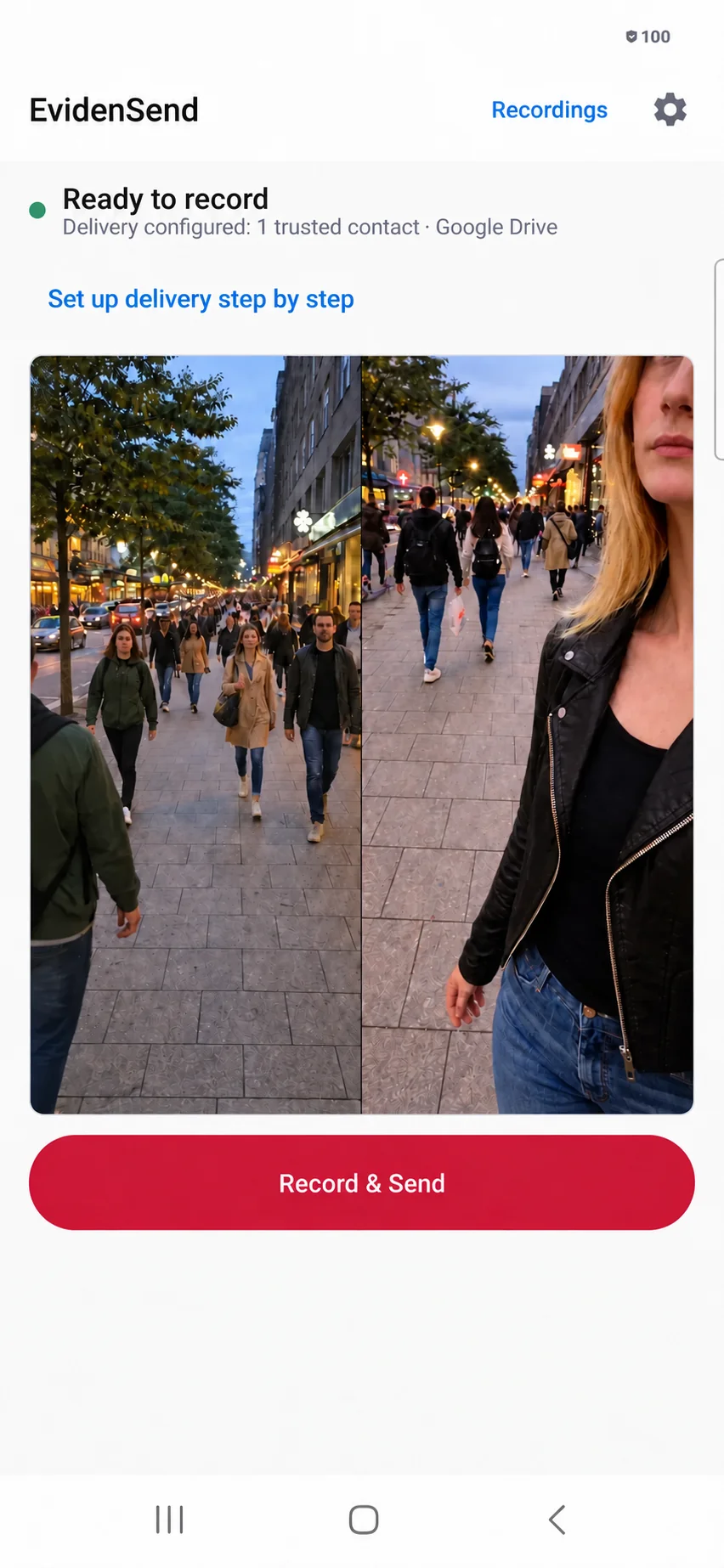 Illustration of EvidenSend on an Android phone, with the street-scene stills from the iPhone page inside its camera preview.