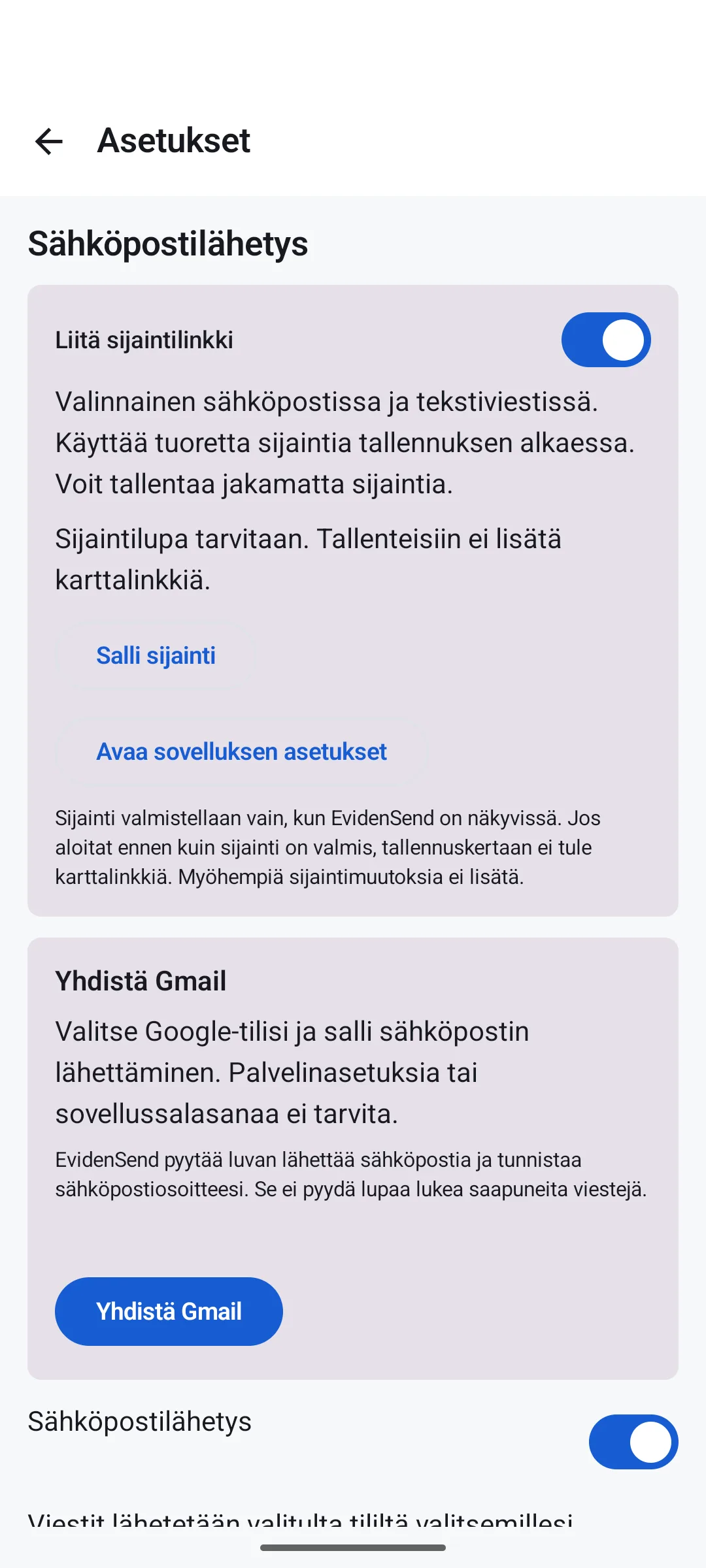 Android-sovelluksen Sähköpostilähetys-näkymä, jossa on Yhdistä Gmail -painike ja sijaintilinkin valinta.