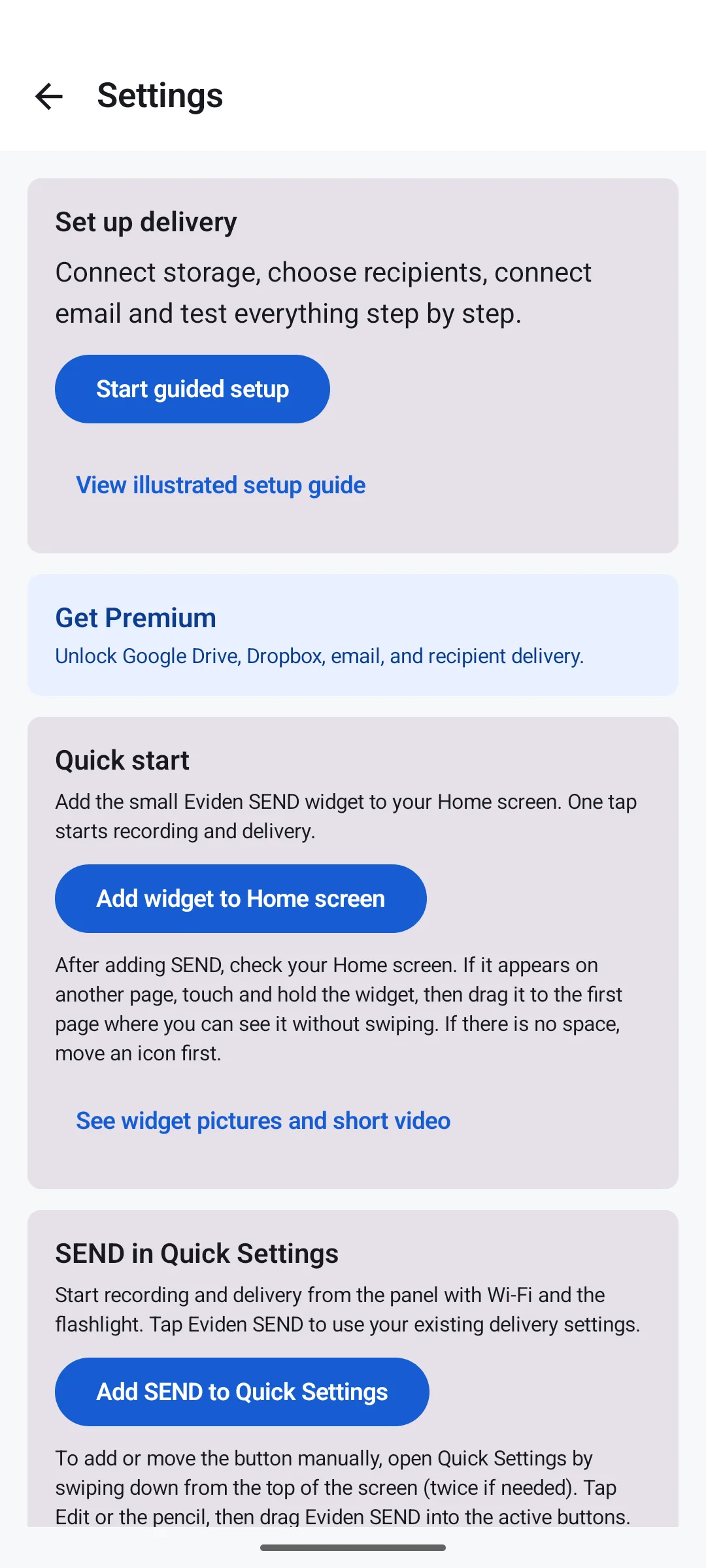 EvidenSend Android Settings screen with Start guided setup and Add widget to Home screen buttons.