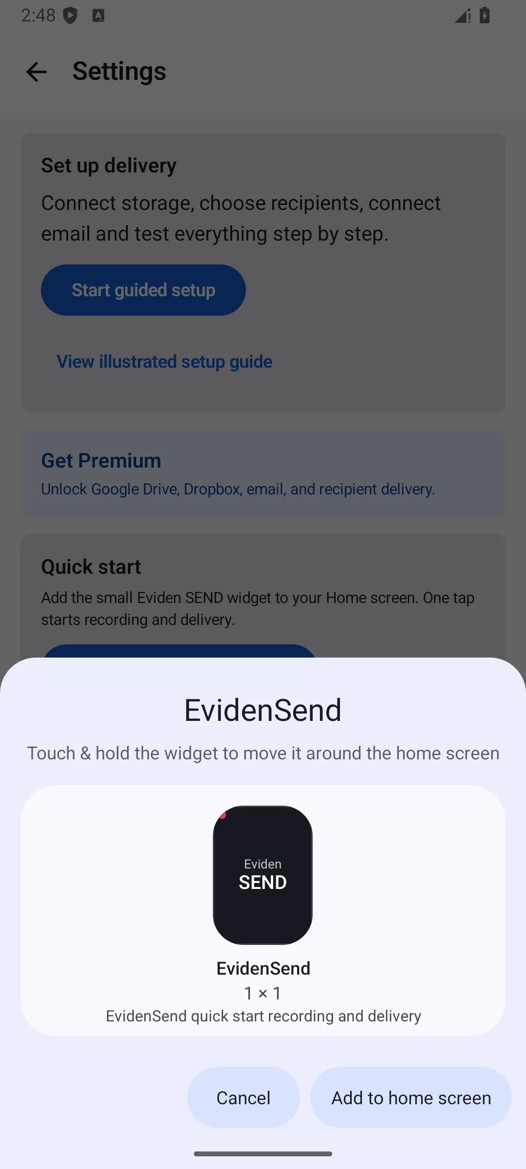 Android launcher’s add-widget prompt showing the Eviden SEND 1 by 1 widget and Add to home screen button.